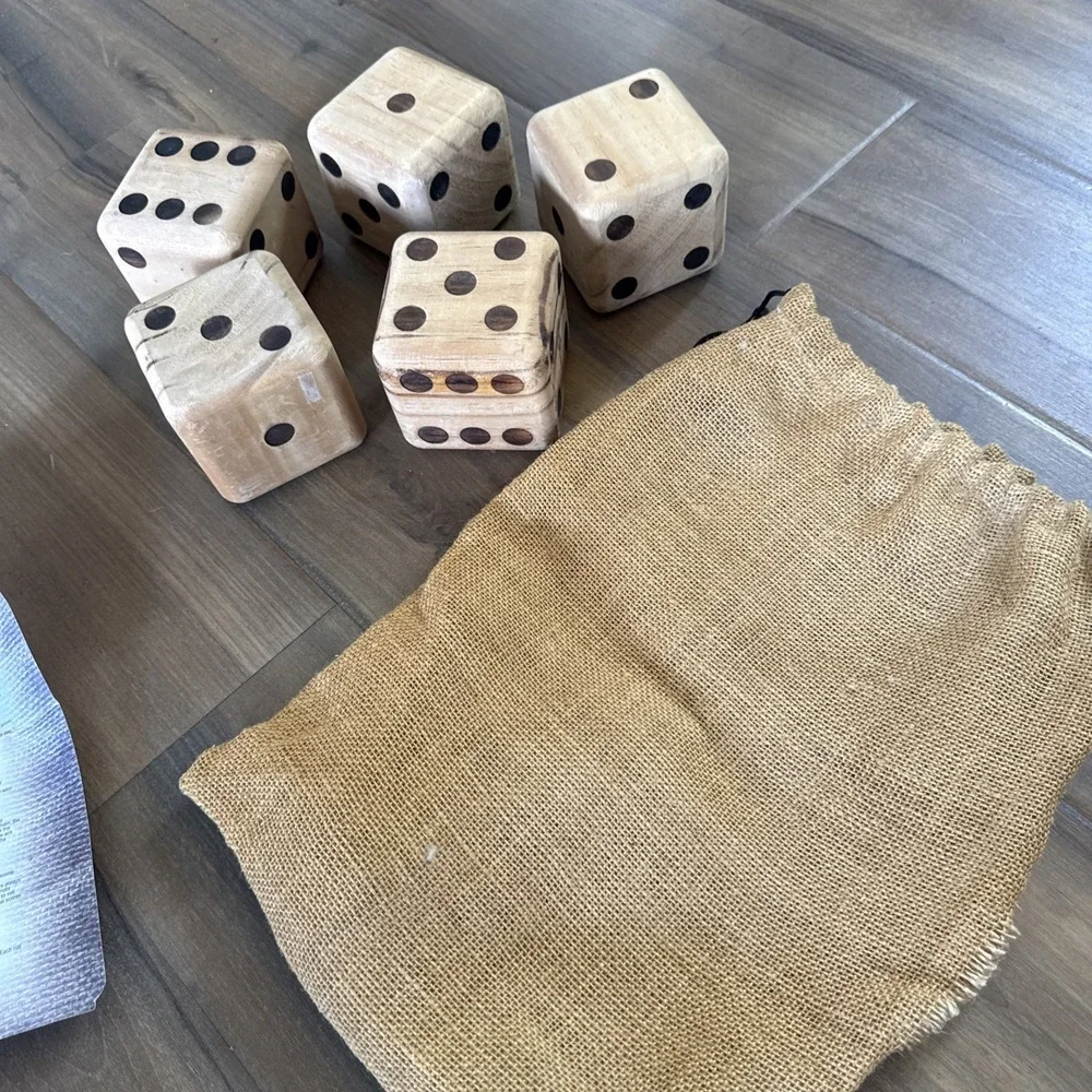 Vintage 5 Solid Wood Dice In A Burlap Bag - Large 3 1/4